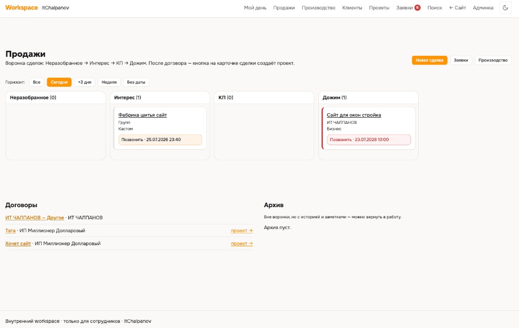 Воронка продаж: неразобранное → интерес → КП → дожим → договор.